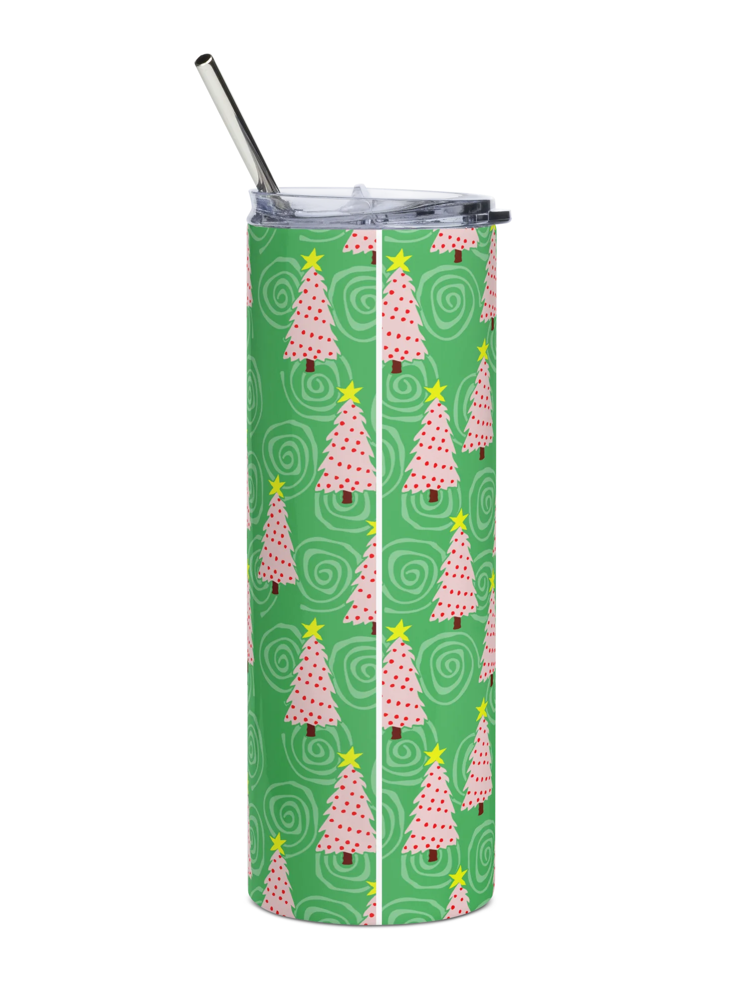 Pink Christmas Trees on Green Spirals Stainless Steel Tumbler with Straw product image (12)