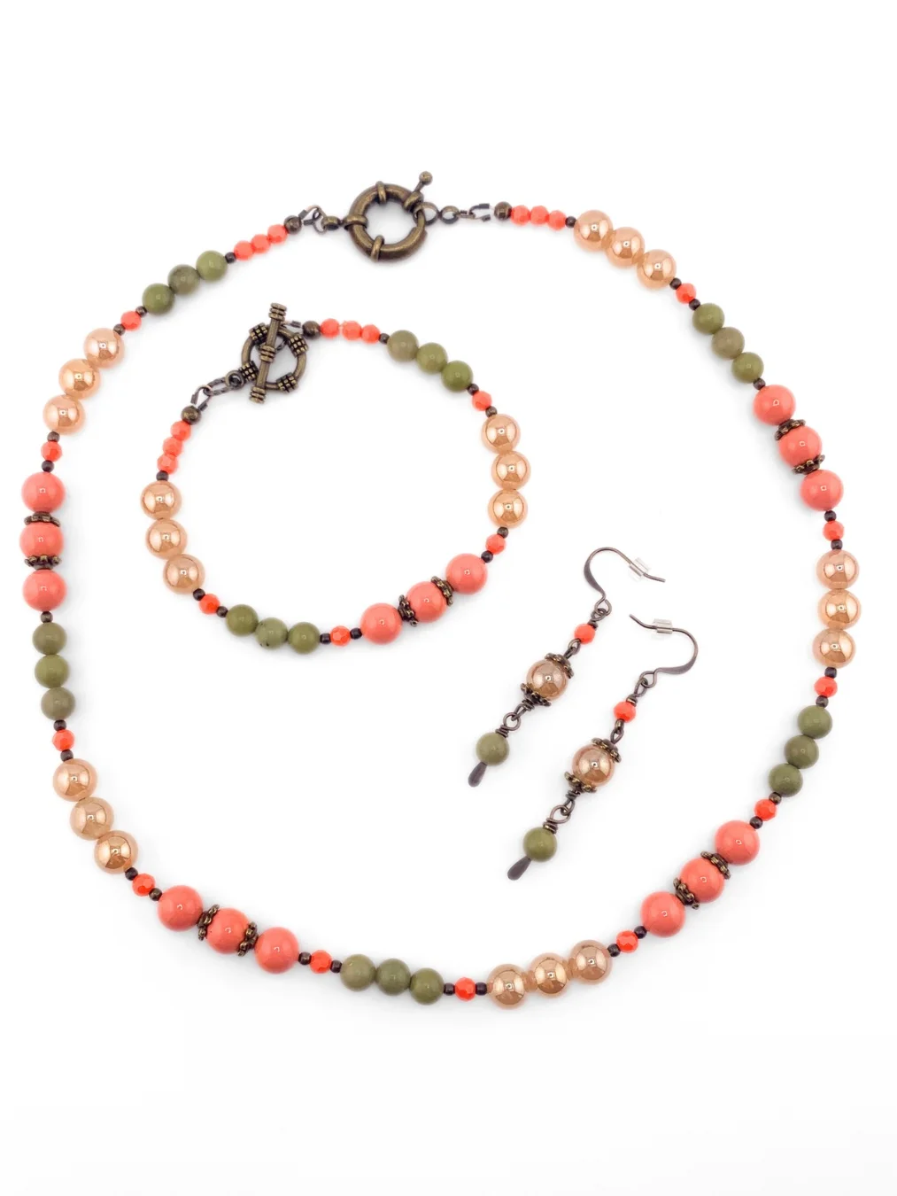 Glass Beaded Single Strand Necklace Set - Peach, Green product image (2)