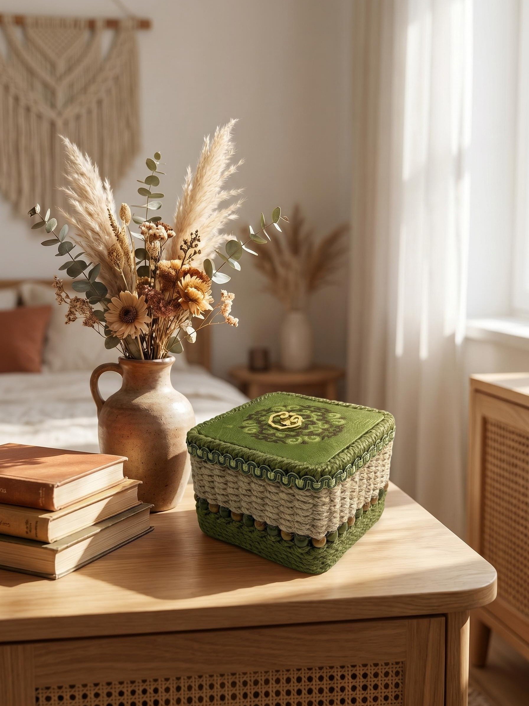 Handwoven Tibetan Soma Basket with Silk Su Embroidery | Eco-Friendly Jute Keepsake Box product image (7)