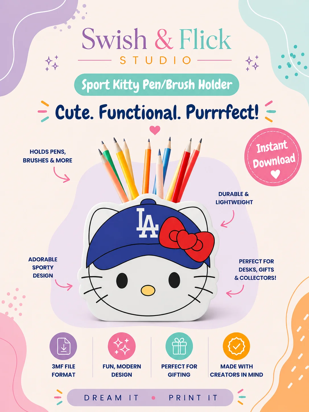 Sport Kitty Pen Holder 3MF File | Cute Desk Organizer STL Alternative | Kawaii Pencil Holder Digital Download for 3D Printing product image (1)