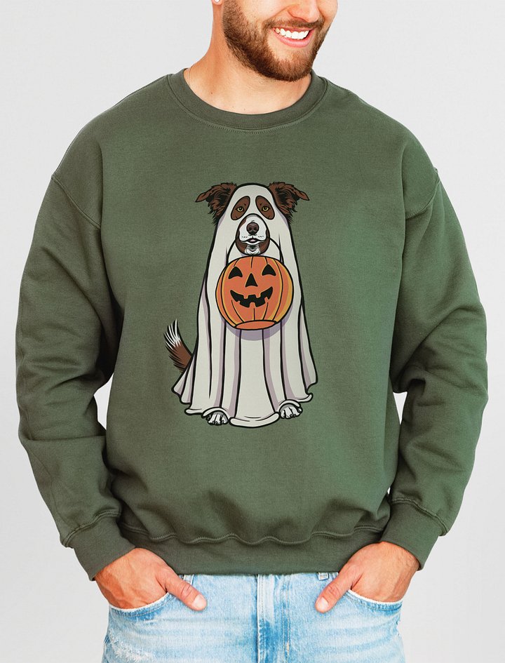 Funny Halloween Border Collie(Brown) Sweatshirt | Funny Border Collie Wearing a Ghost Costume and Holding a Pumpkin Basket product image (2)