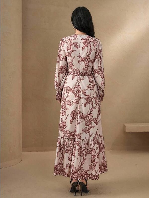DAZY Floral Print V-Neck Belted Mid-Length Dress For Women Long Sleeve Dress product image (3)