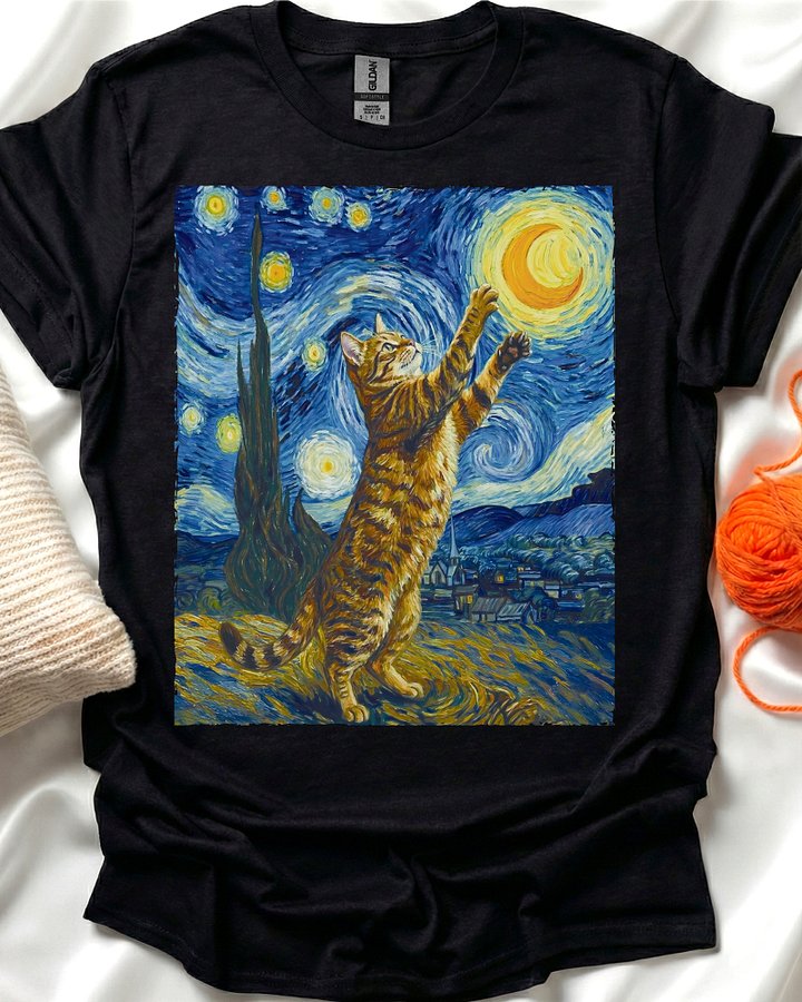 Starry Night Van Gogh Style Tabby Cat T-Shirt product image (1)