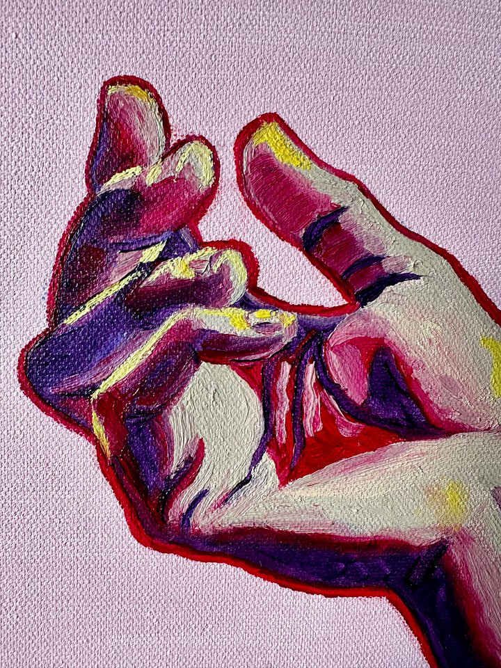 ’for a baby bird’ hands on pink original oil on canvas painting product image (1)