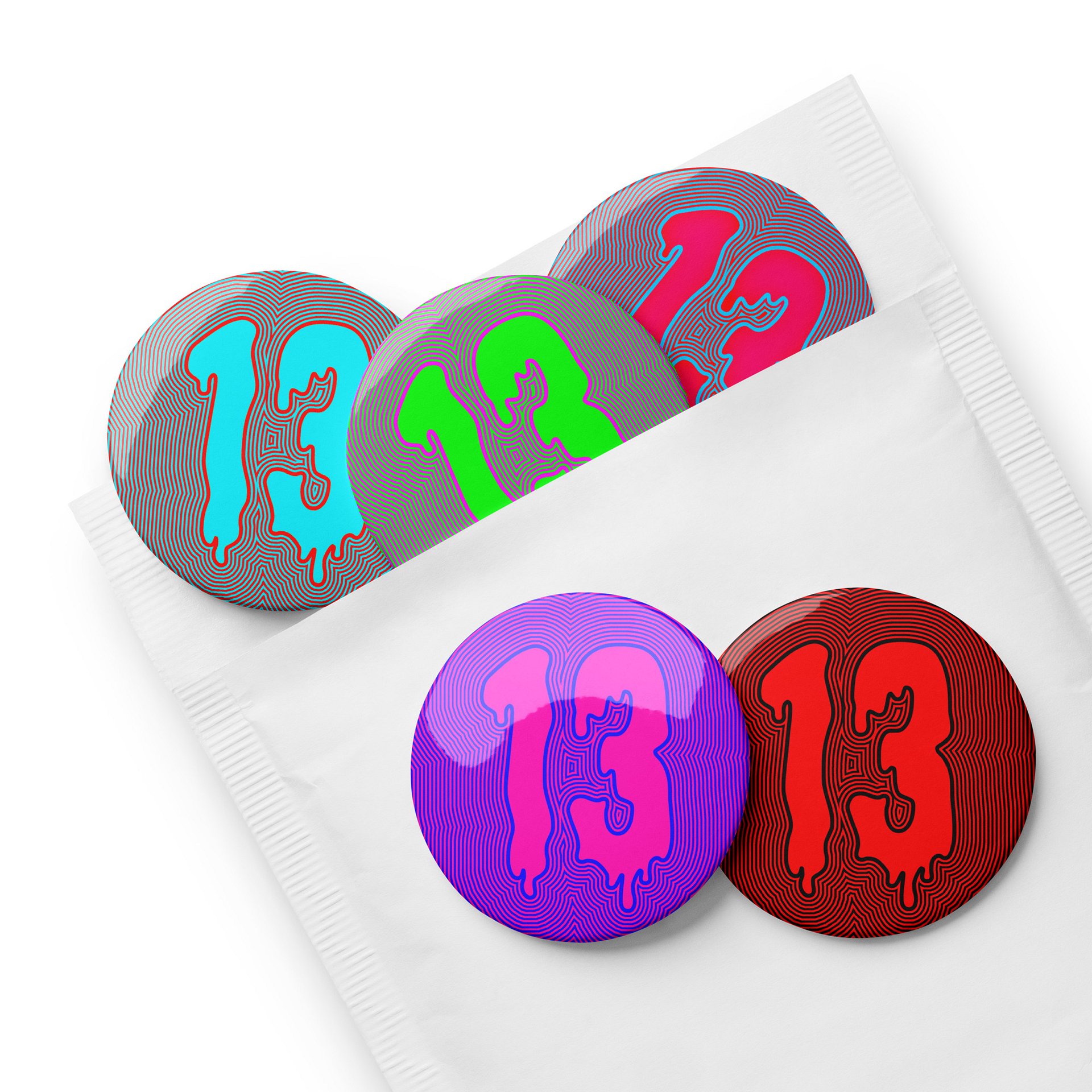 Happy Friday the 13th Psychedelic Pins, Trippy Thirteen Art, Horror Lover Accessories, Creepy Dripping Design Odd Pin Button Set product image (9)
