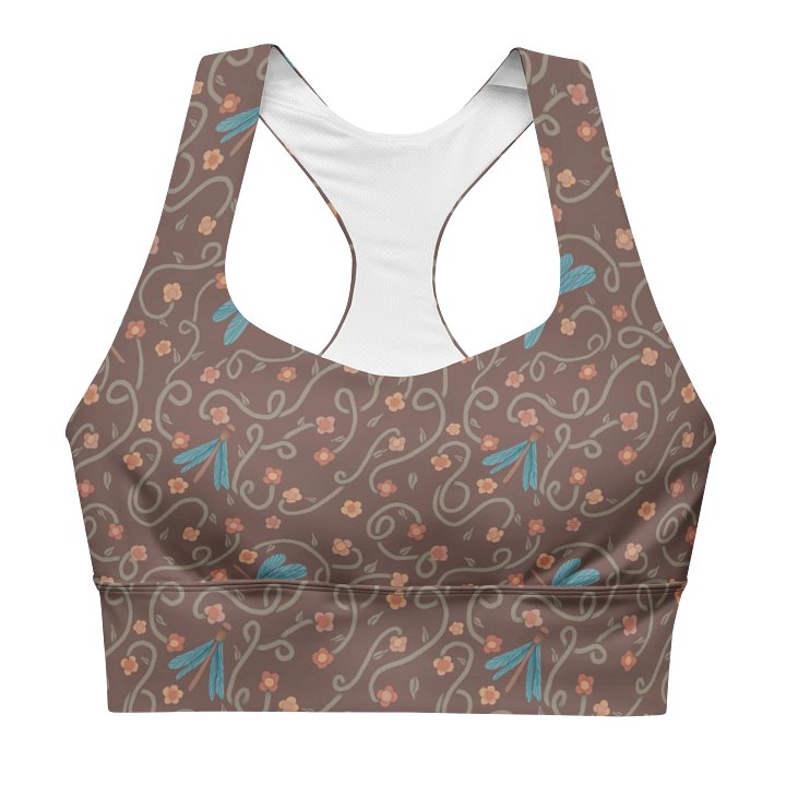 All-Over recycled longline sports bra. Dragonfly and floral artistic activewear product image (2)
