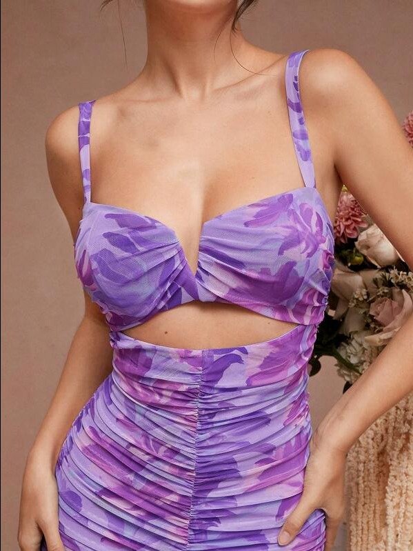 Floral Ruched Mermaid Hem With Cutout Details Dress product image (2)