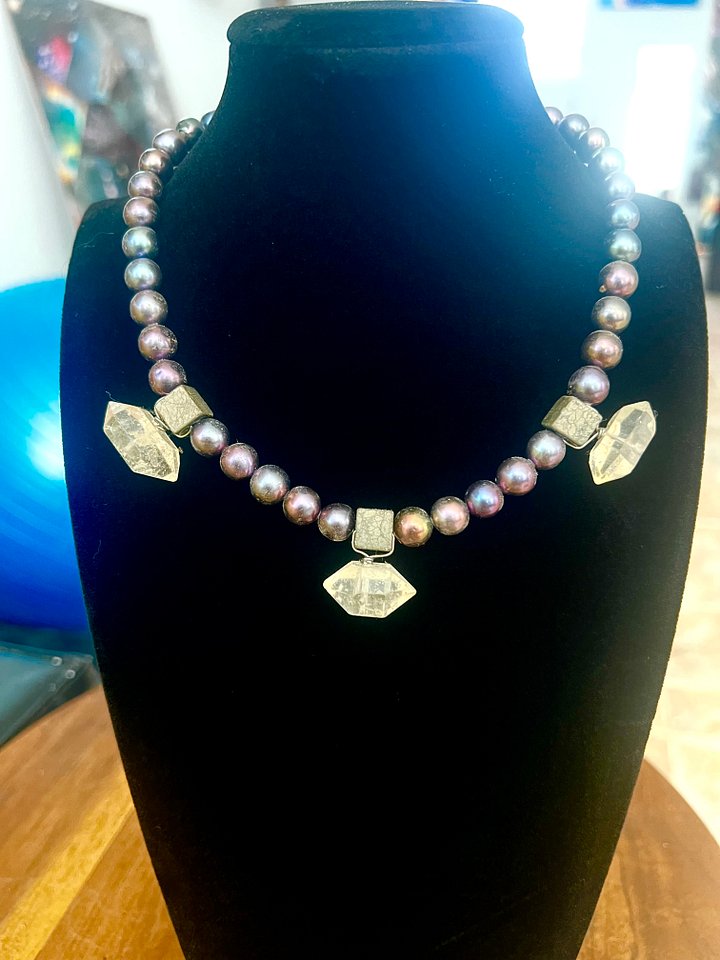 Peacock Pearl, 3 large Herkimer and 3 pyrite Statement Necklace product image (1)
