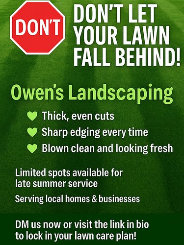 🛑 Don’t Let Your Lawn Fall Behind! 🛑
Your neighbors are already booked in. Are you?
Let Owen’s Landscaping take the hassle ou...