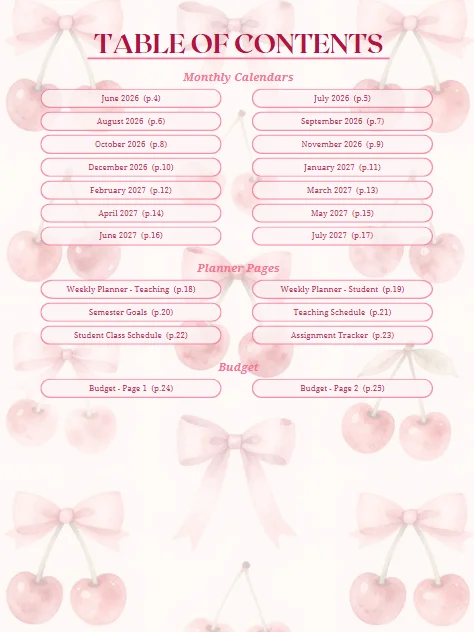 Student Teacher Planner (Pink Cherries & Bows) product image (2)