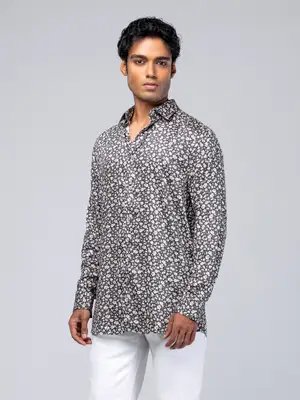 Grey Printed Viscose Taaga Man Casual Fusion Collar Shirt product image (1)