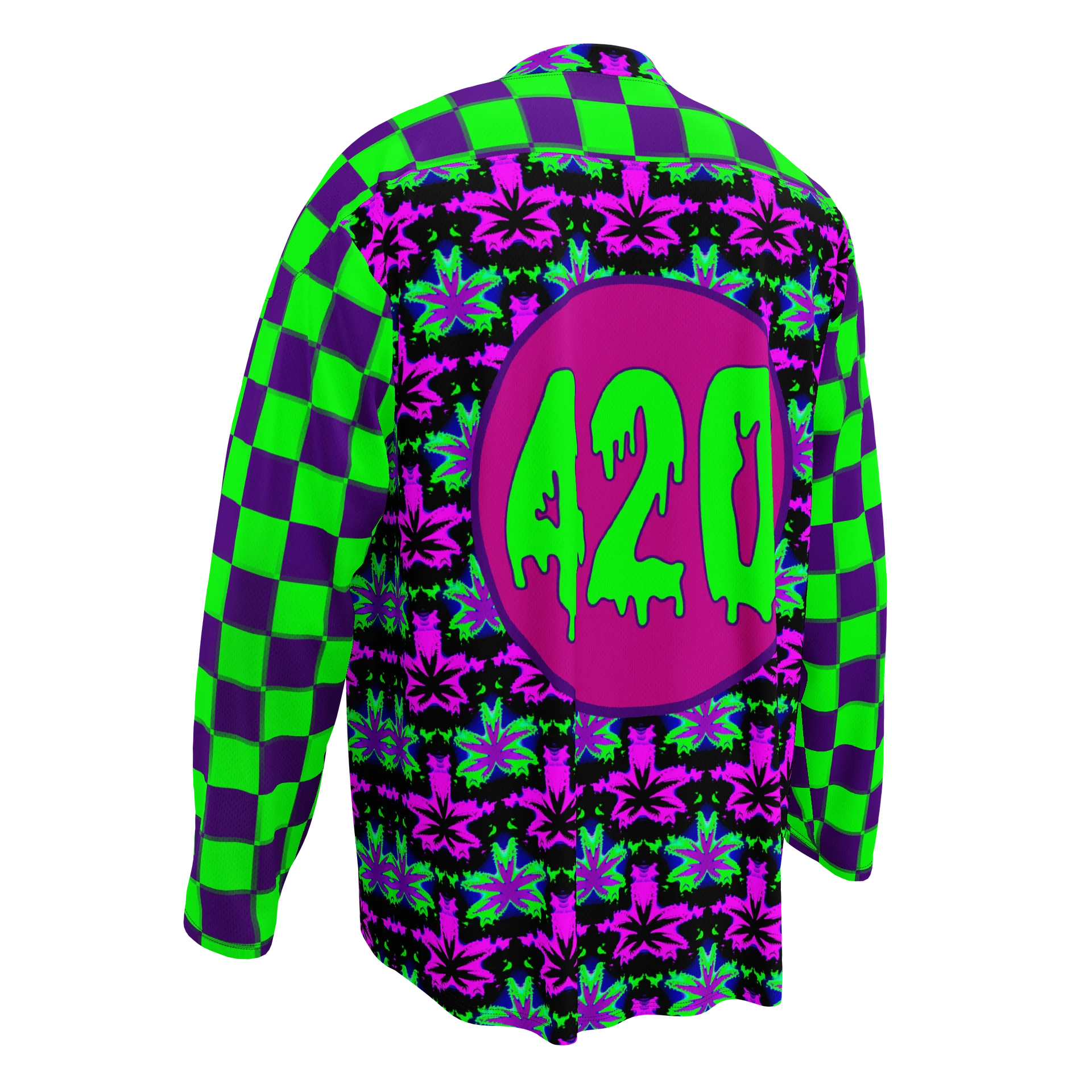 Cannabis Rave 420 Hockey Jersey, Clowncore Checkers Stoner Shirt, Pot Leaf EDM Festival Fashion, Neon Twisted Techno Dance Party Weed Top product image (4)