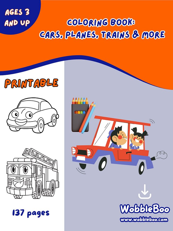 Printable Coloring Book: Cars, Planes, Trains product image (1)