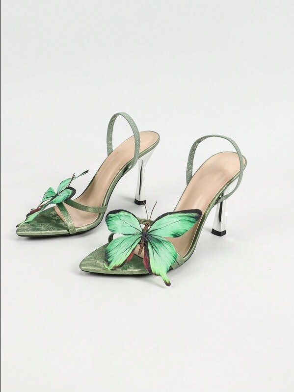 Women's Fashion High-End, Elegant High Heel Pointed Toe Sandals, Summer Style, Comfortable 3D Butterfly Decor Material, Elastic Band Suitable For Outdoor product image (4)