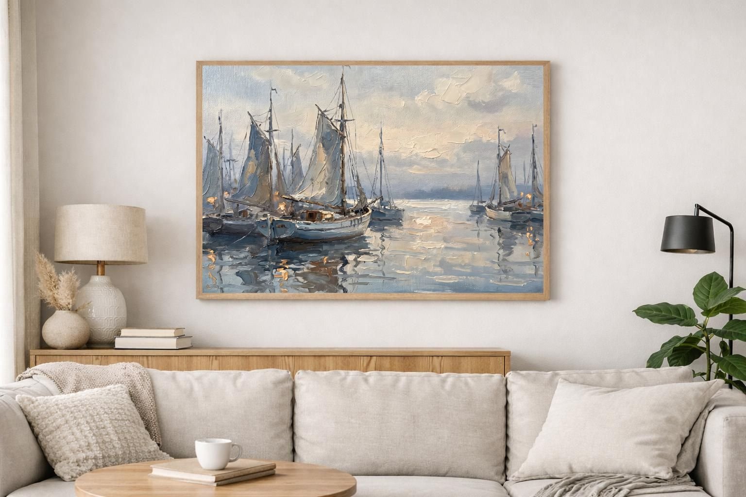 Rare Watercolor Coastal Wall Art Bundle of 3 – Sailboats in Calm Harbor, Seawall Against Crashing Waves & Sand Dunes Under Coastal Sky, Fine Detail Nautical Print product image (1)