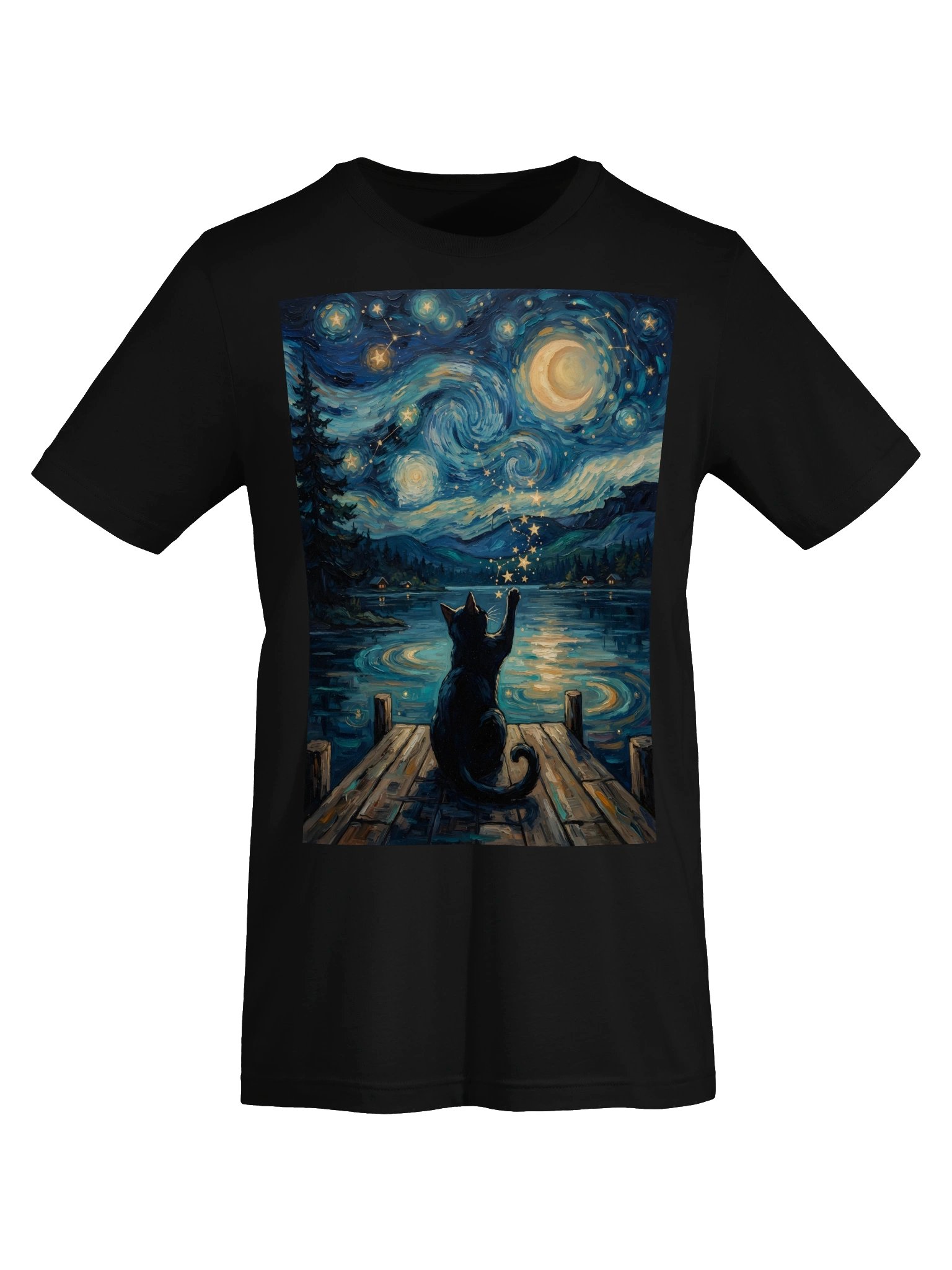 Celestial Cat T-Shirt, Moon & Stars Night Sky Graphic Tee, Magical Lake Cat Shirt, Vintage Cosmic Nature Apparel product image (47)