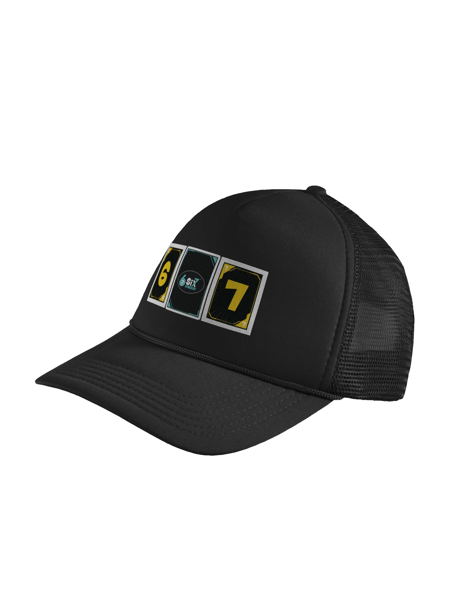 Black Trucker Hat - Six 7 Card Back with Yellow Synergy product image (4)