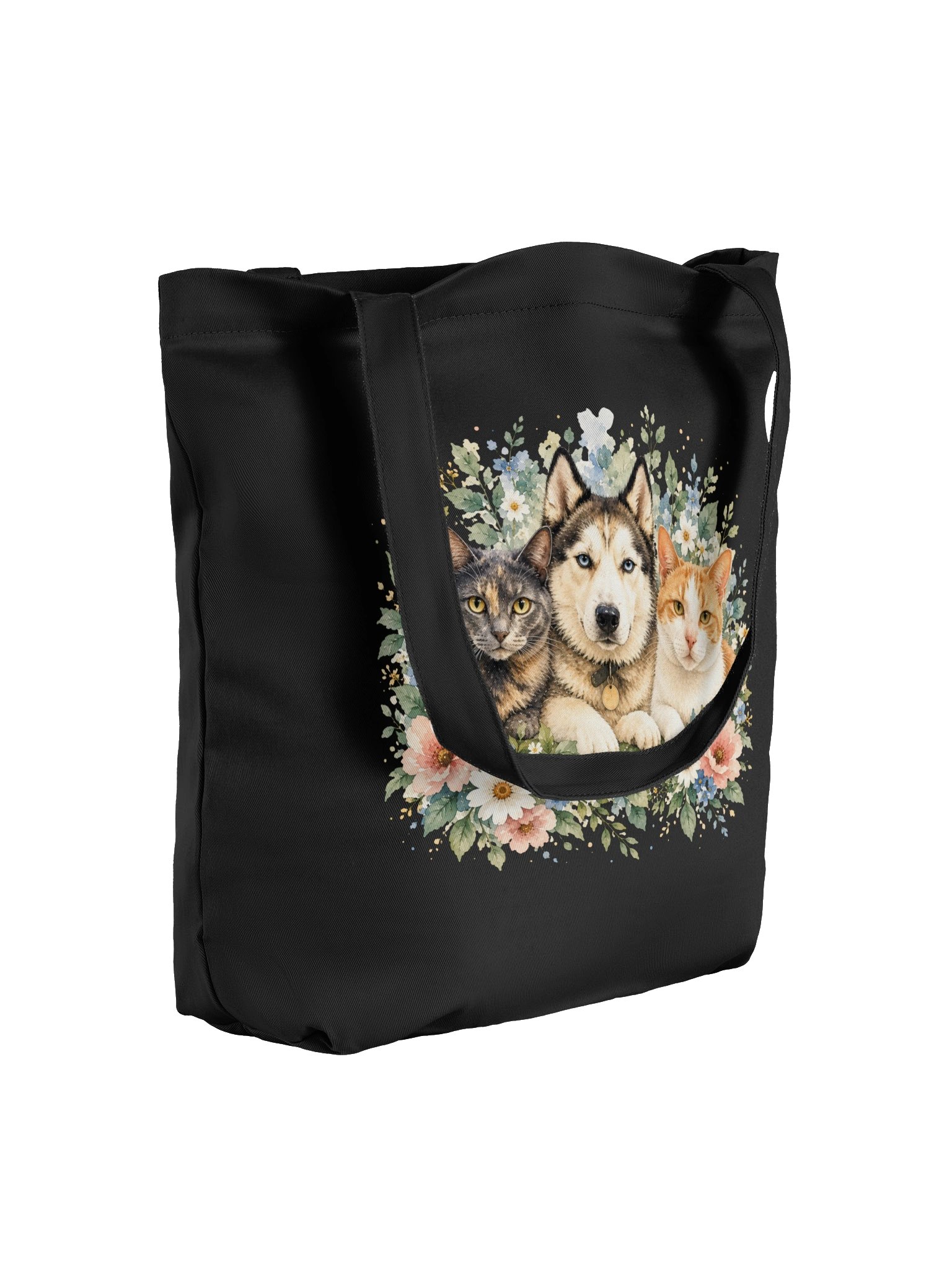 Floral Husky and Cats Reusable Tote Bag product image (7)