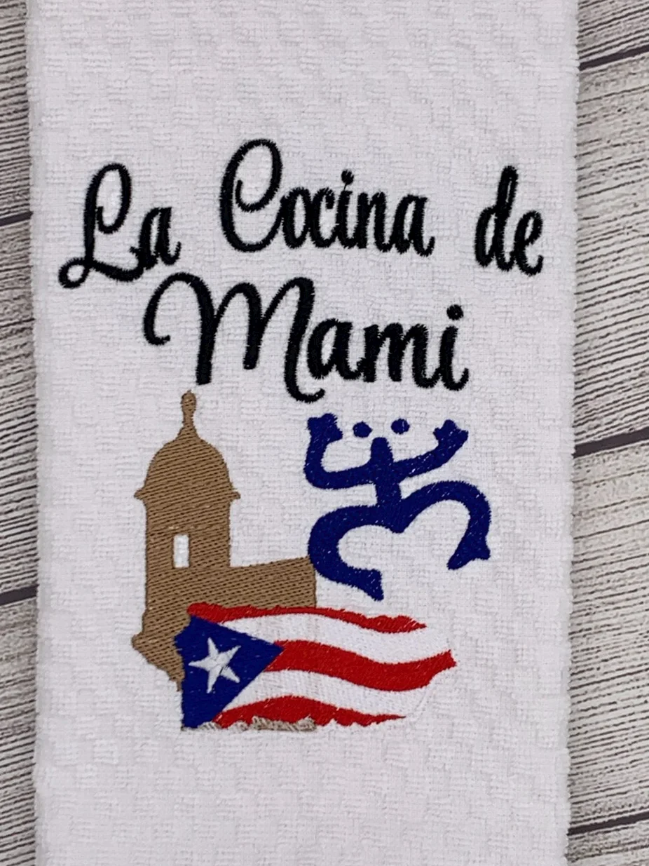 Embroidered Puerto Rican Kitchen Towel: El Morro & Coqui Taino Design product image (2)