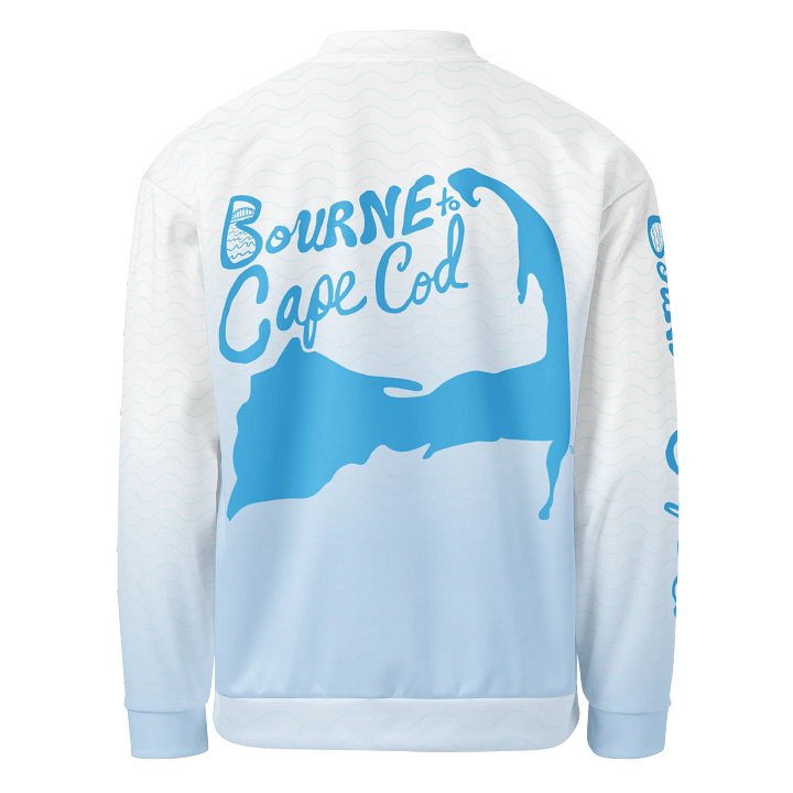 All-Over Print Bomber Jacket | Coastal Cool, City Bold | BOURNE to Cape Cod™ + BRN.2C.C.™ Style | Deep Sky Blue Logos on Blue & White Ombre product image (2)