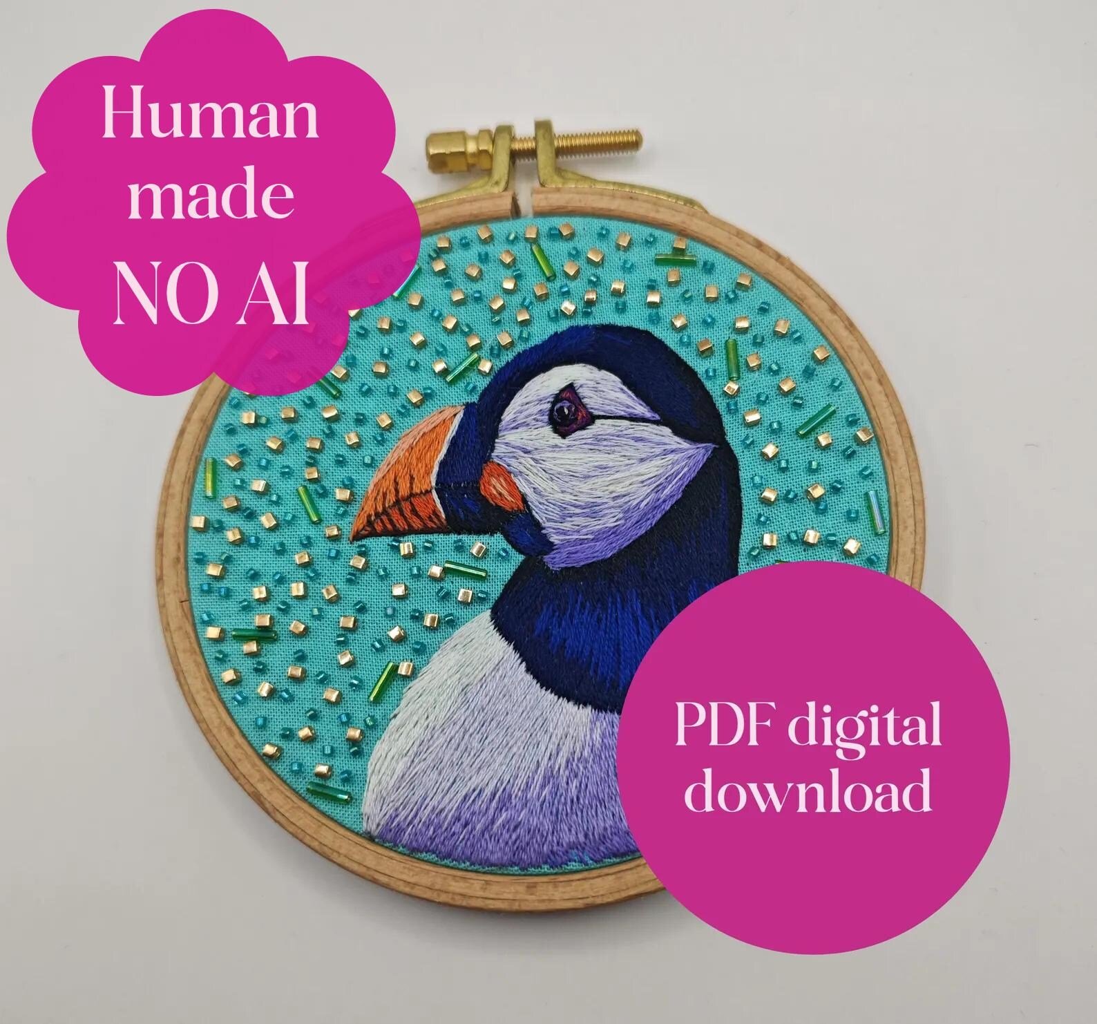 Puffin Hand Embroidery Pattern: Realistic Nautical Bird Thread Painting (PDF Digital Tutorial) product image (1)