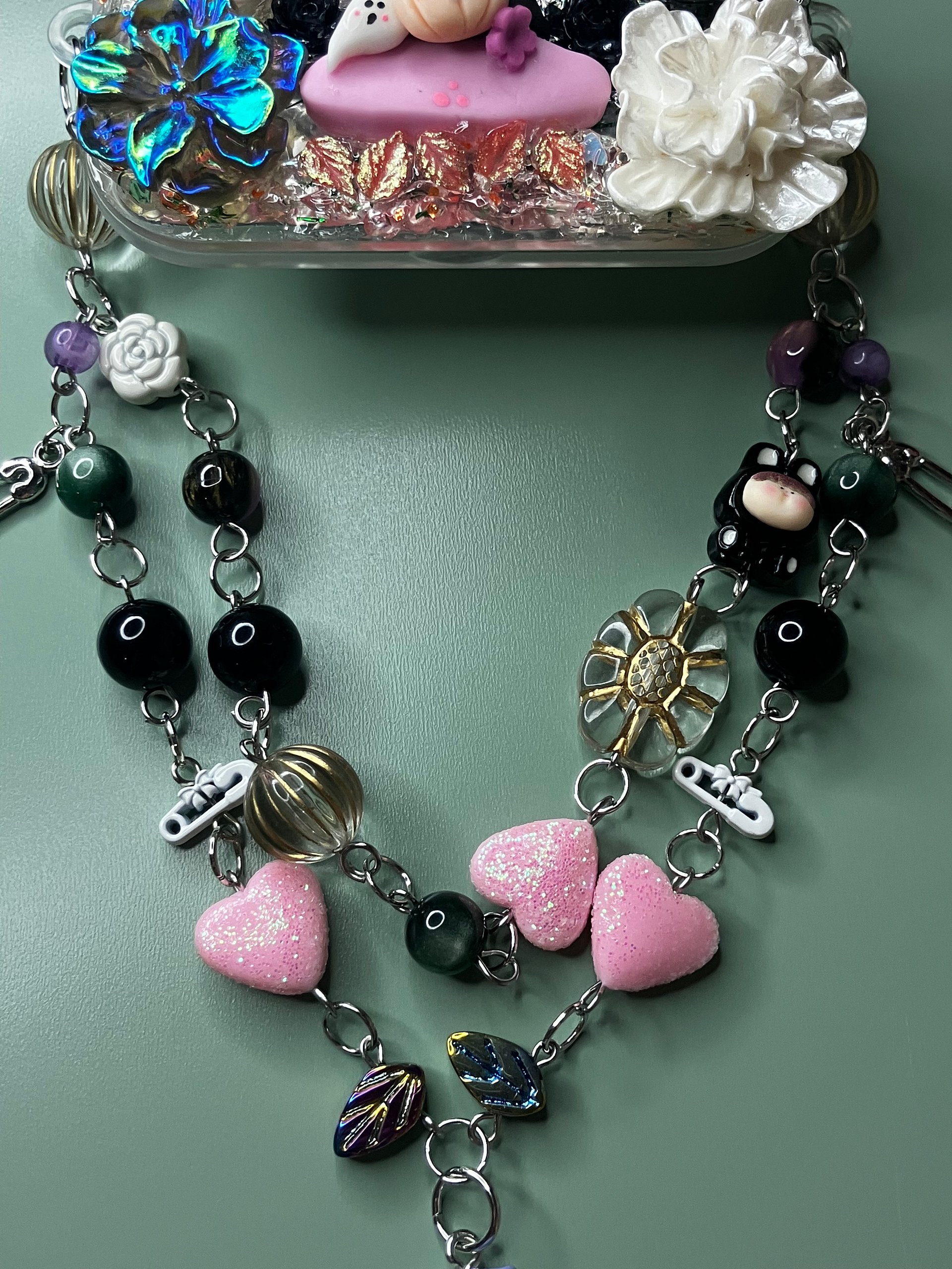 Pastel Goth Decoden Phone Clip Mirror with Beaded Dangle Charm Handmade product image (2)