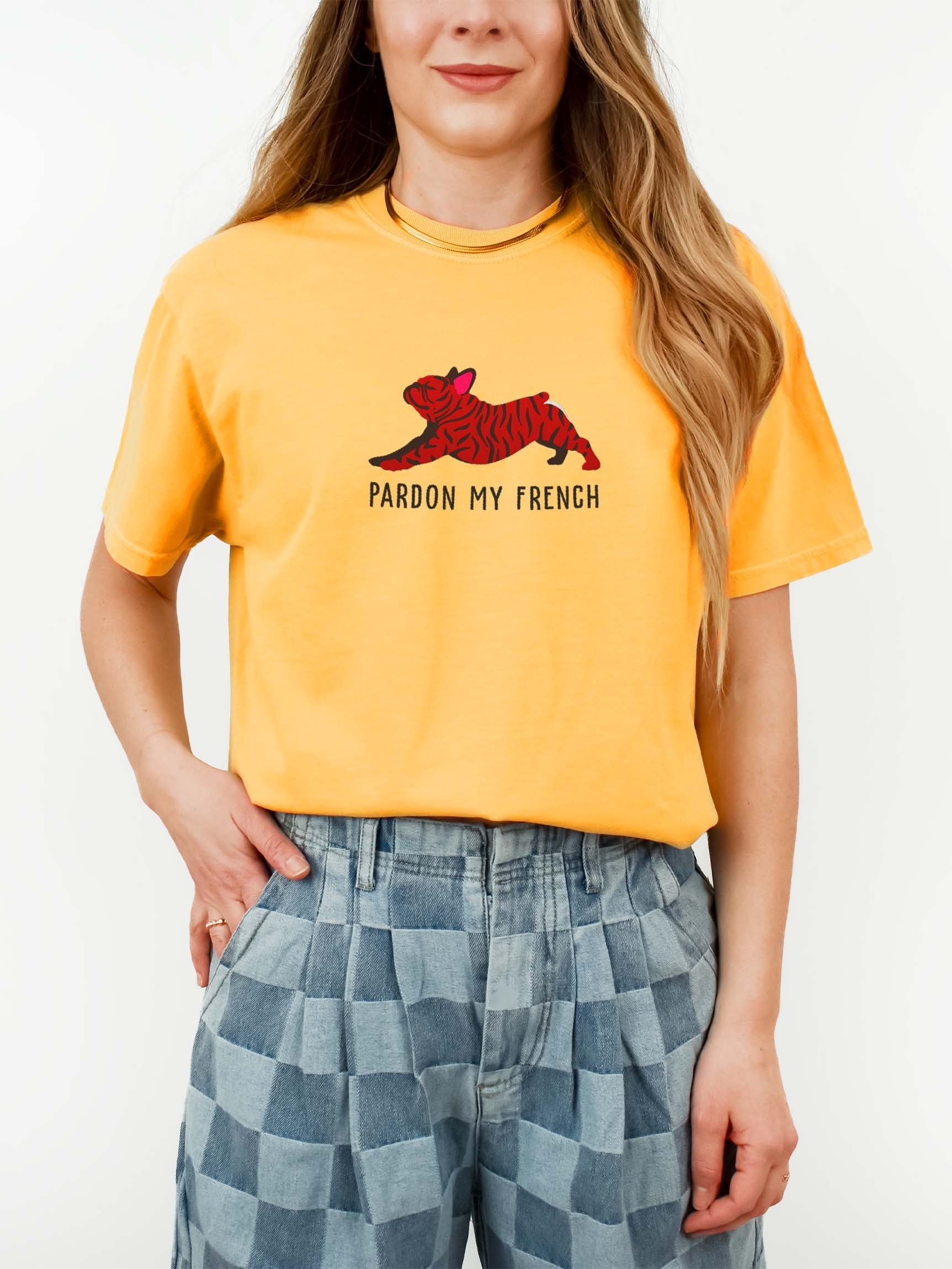 Pardon My French T-Shirt(Embroidered) of a French Bulldog(Brindle) product image (1)