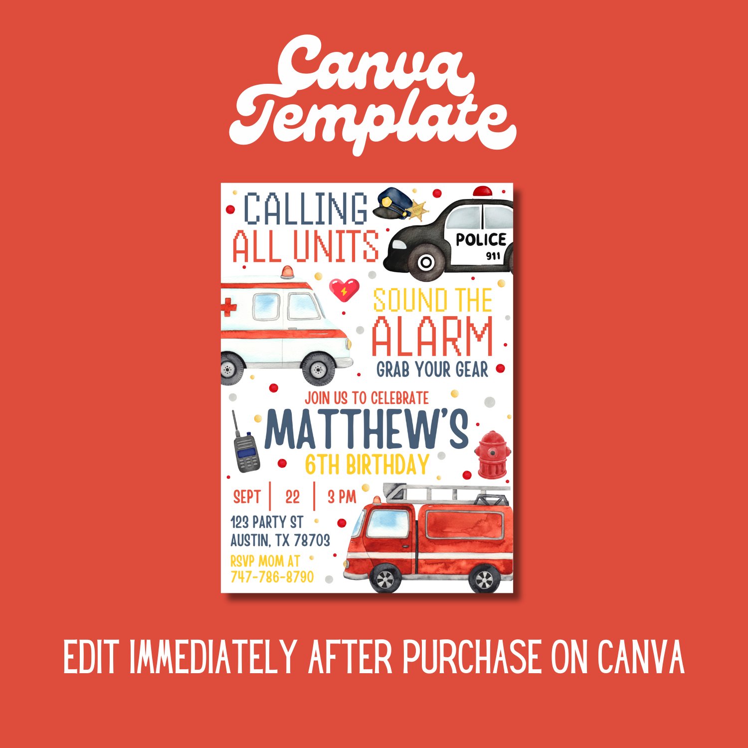 Police & Emergency Vehicle Birthday Invitation Template – Canva Editable 6th Birthday Invite product image (4)