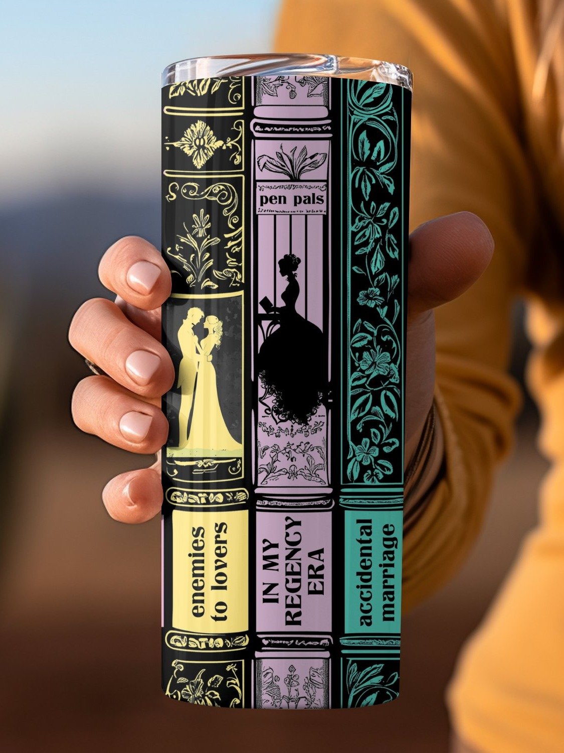 Regency Romance Era Book Tropes Bookish Spine 20oz Full Wrap Tumbler PNG, Enemies To Lovers Seamless Sublimation Design, Digital Download product image (3)