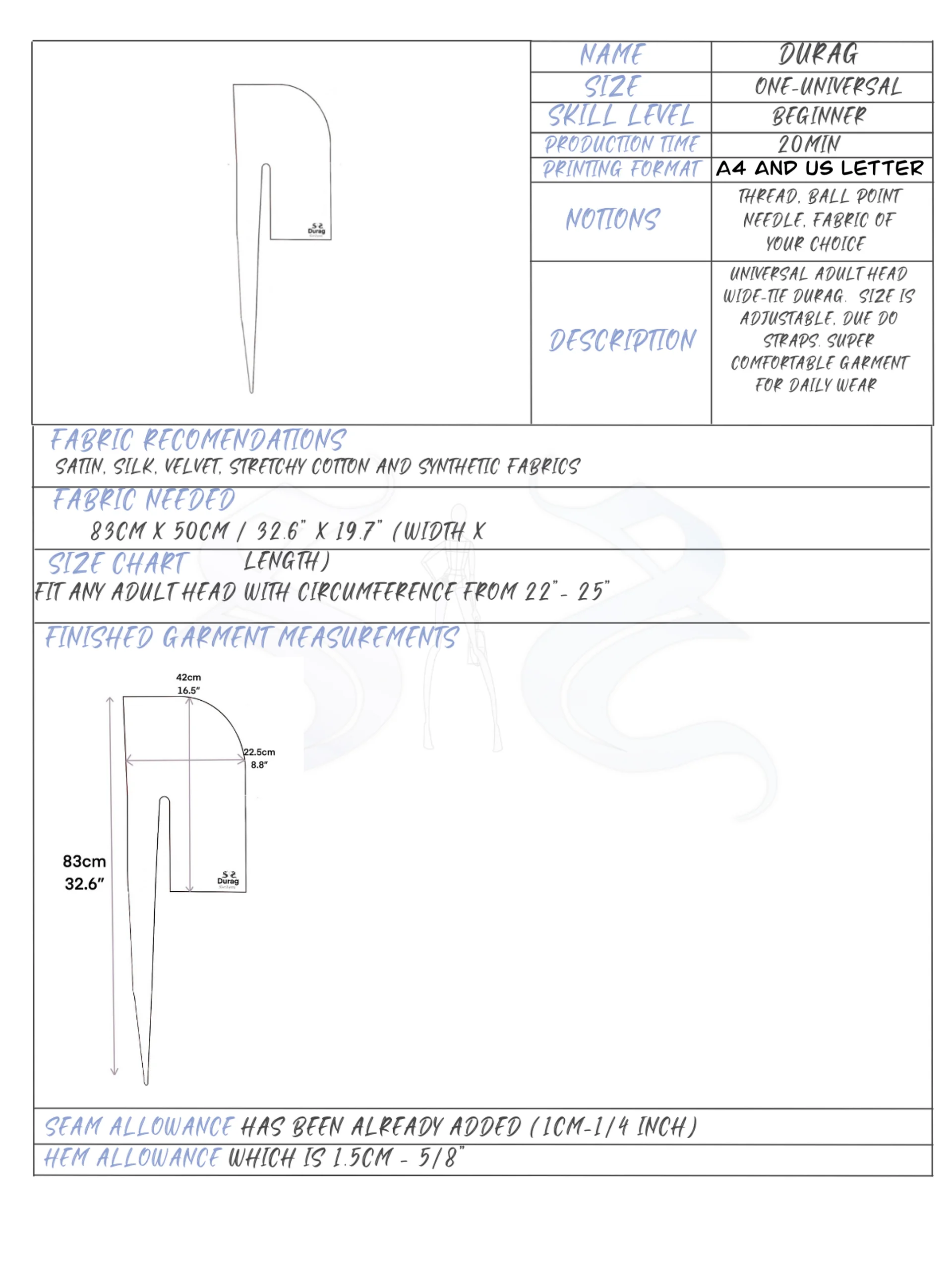 Unisex Durag - Digital Sewing Pattern product image (4)