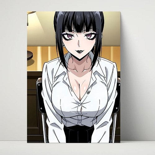 Luna Rain 🖤📚 Original character in white shirt uniform. 26yo emo soul, ponytail, purple eyes, classroom seat. Quiet intensity...