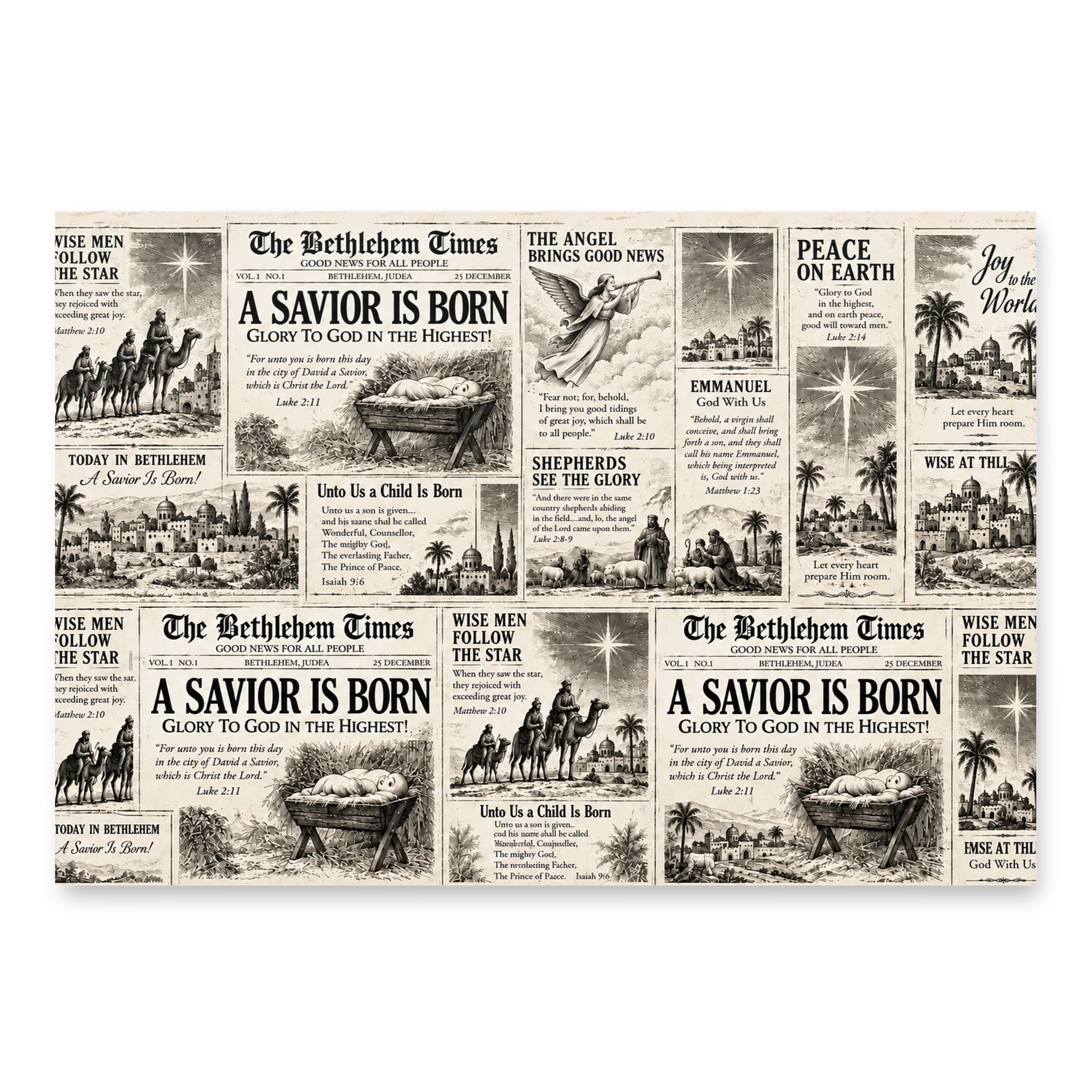 Vintage Christian Christmas Wrapping Paper | Scripture, Hymn & Nativity Gift Wrap | Luke 2 & Bethlehem Newspaper product image (2)