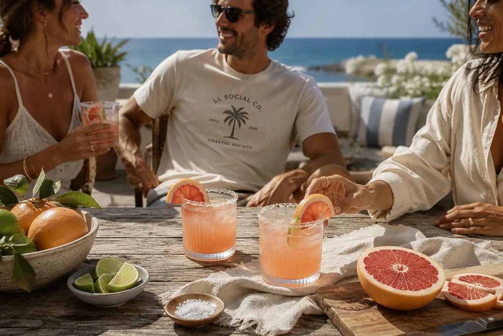 Friends enjoying grapefruit cocktails at a coastal table overlooking the ocean, with one person wearing an LL Social Co. Coastal Society T-shirt.