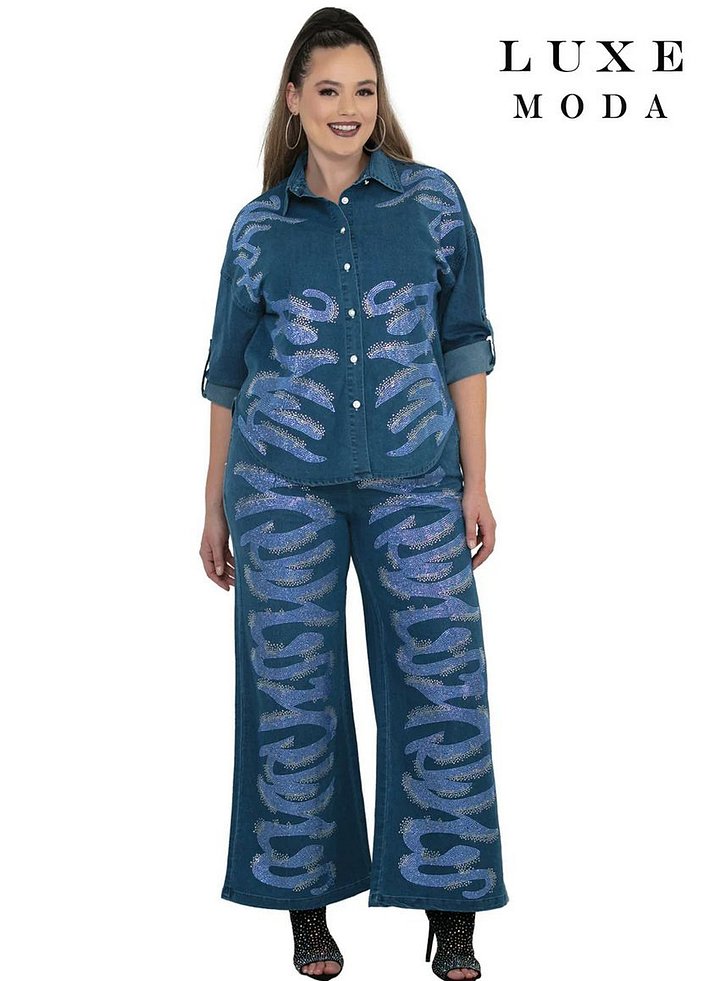 Jeweled Motif Denim Top & Wide-Leg Pant Set - 2pc Refined Suit product image (1)