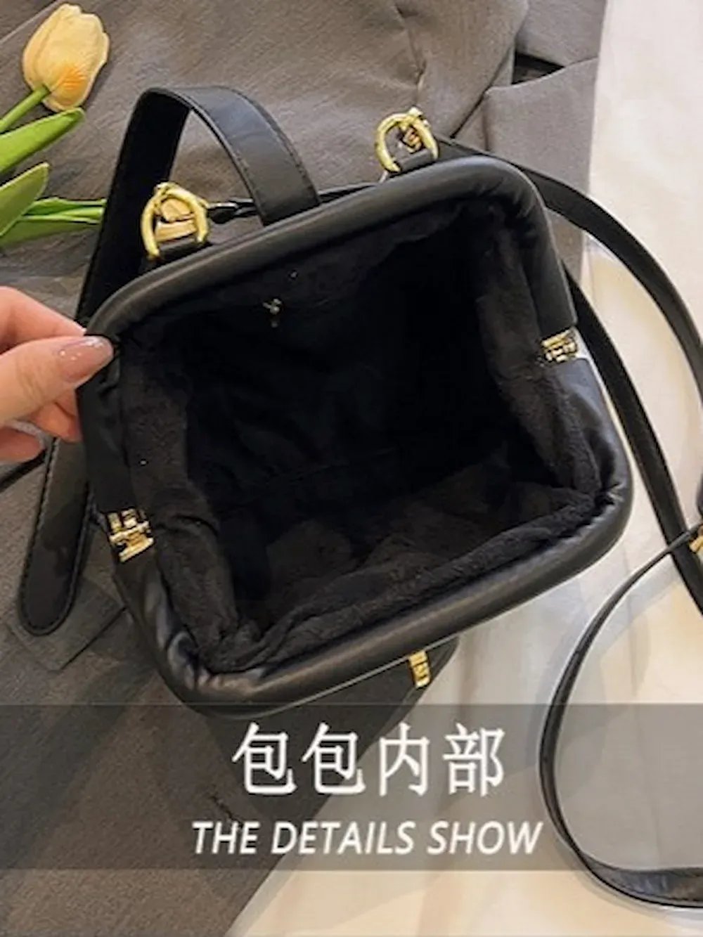 حقيبة يد نسائية أنيقة سوداء بتصميم عتيق وقفل معدني ذهبي product image (6)