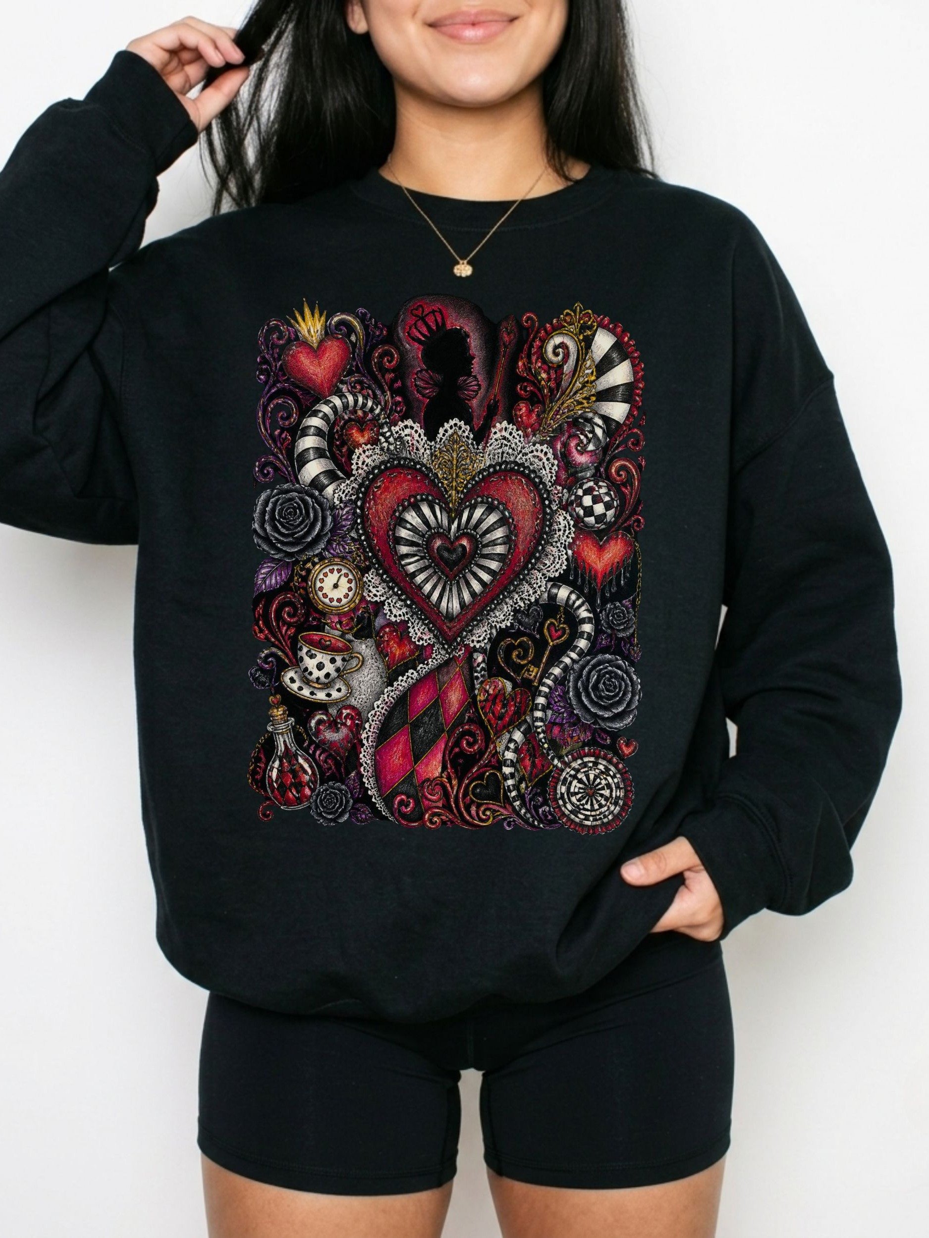 Queen of Hearts Whimsigoth Wonderland Heart Collage Sweatshirt product image (2)
