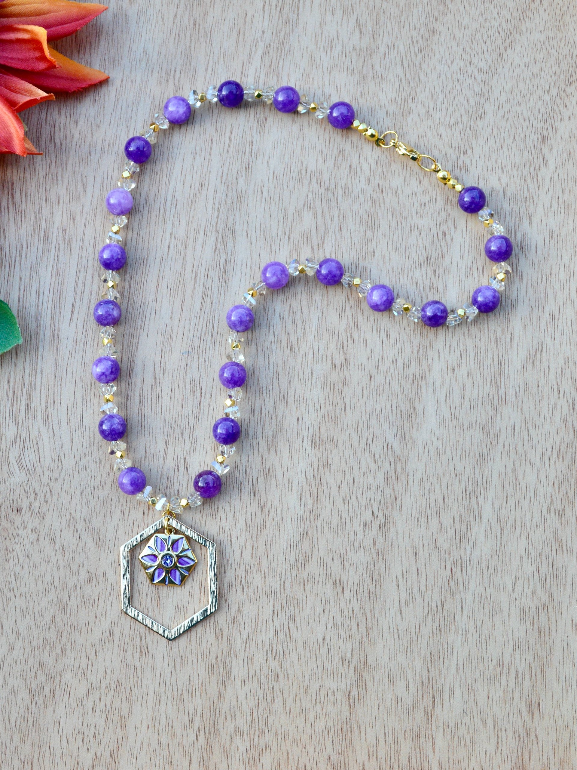 Gold-Plated Brass Textured Hexagon Pendant Necklace With Malaysia Jade Purple Gemstones and Crystals product image (1)