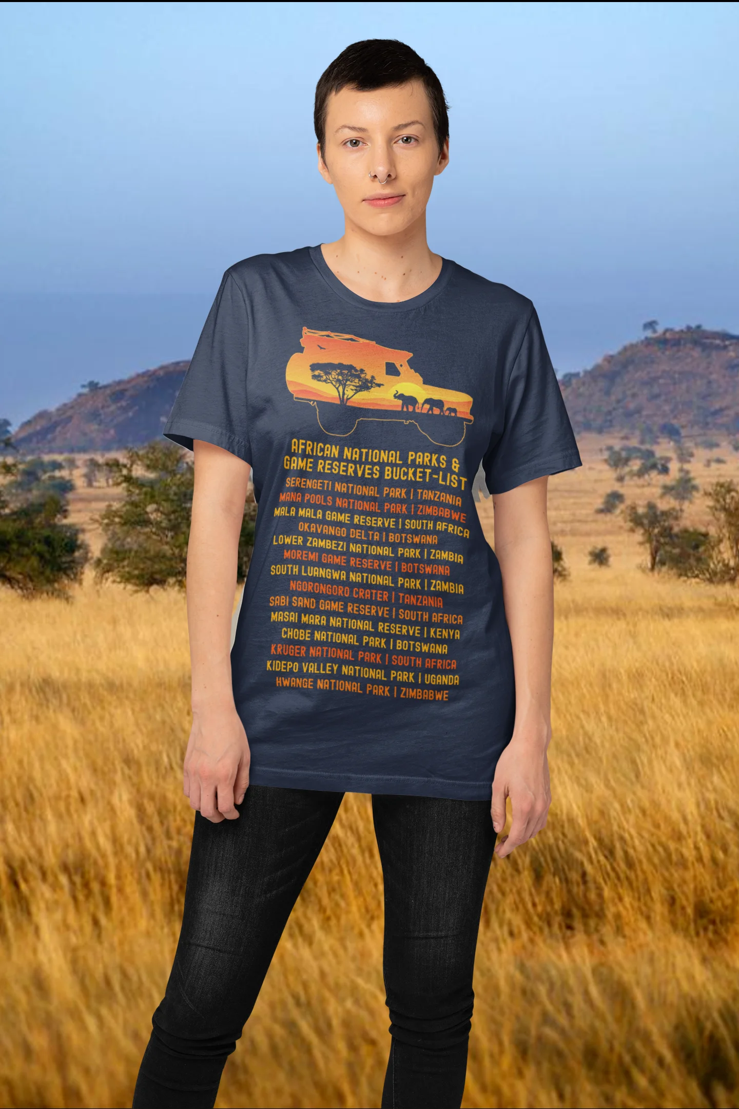 African Safari Vehicle 4x4 T-Shirt | African Safari Bucket List | Vintage Sunset | Elephant Family | Acacia Tree product image (2)