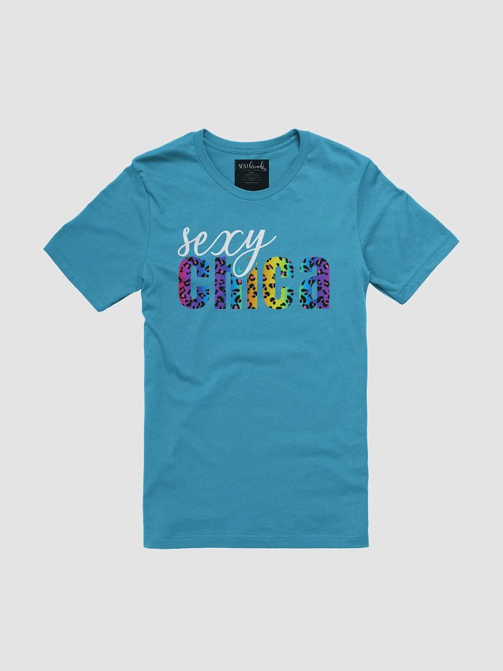 Sexy Chica T-Shirt; White with Bright Rainbow Leopard Pattern product image (2)