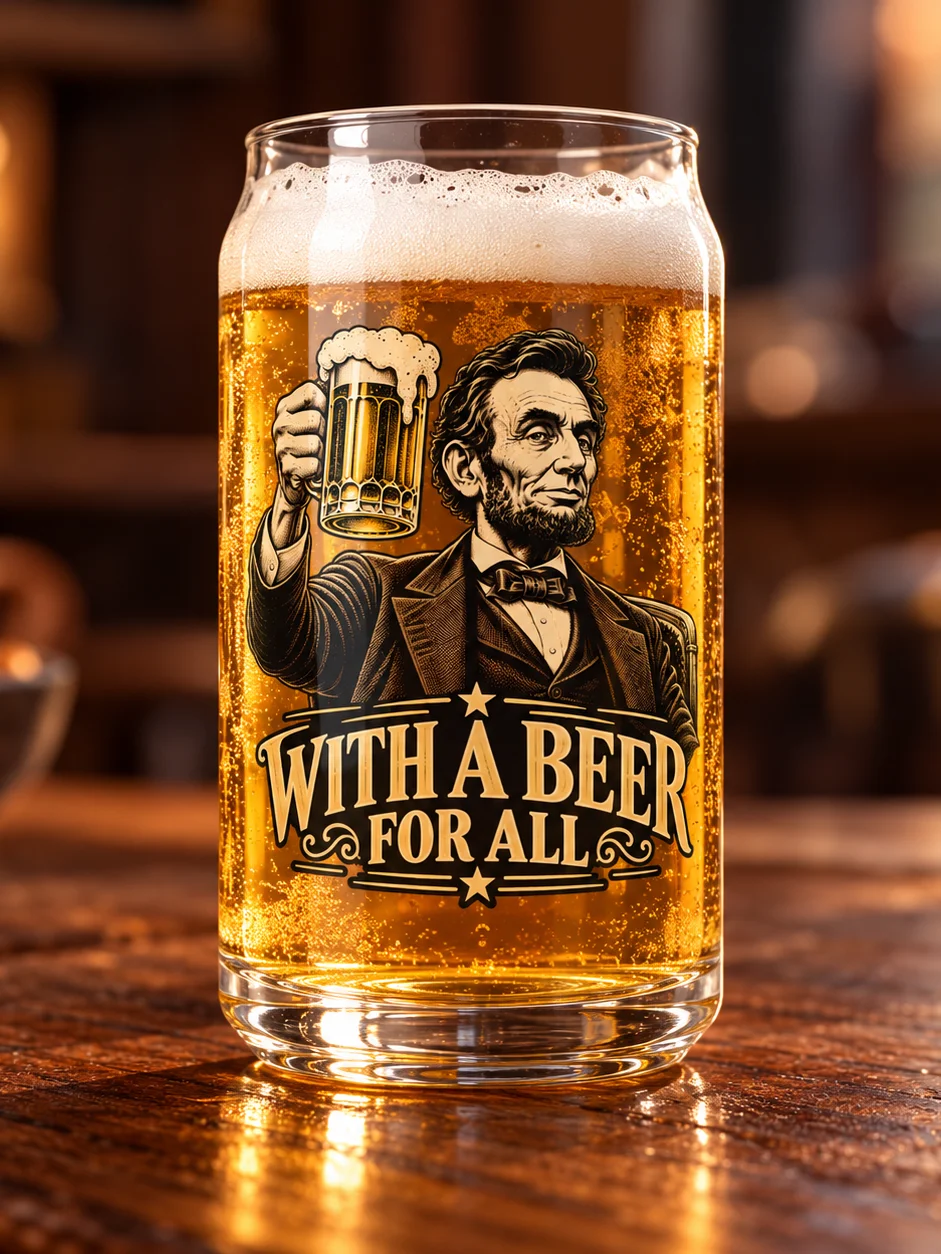 Abraham Lincoln “With a Beer for All” Beer Can Glass product image (1)