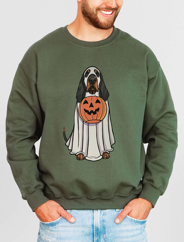 Funny Halloween Bloodhound(Black & Tan) Sweatshirt | Funny Bloodhound Wearing a Ghost Costume and Holding a Pumpkin Basket product image (2)