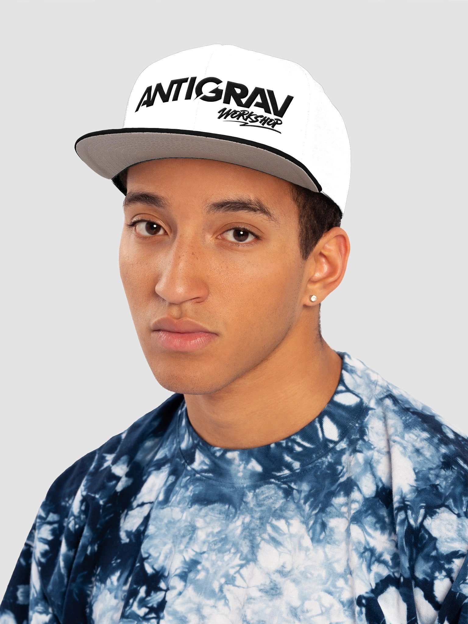 Antigrav Workshop Snapback Hat | Embroidered Wool Blend Flat Bill Cap | White/Black product image (1)