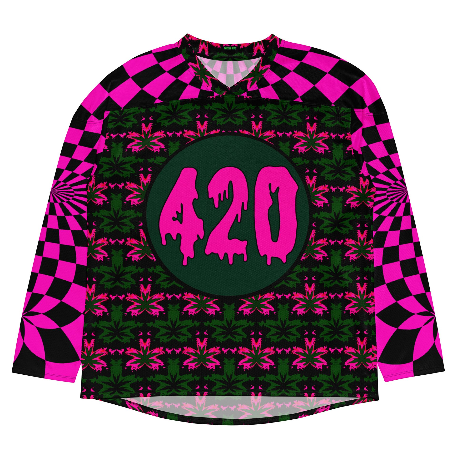 Trippy 420 Rave Hockey Jersey, Psychedelic Cannabis Festival Shirt, Neon Retro Stoner Fashion, Pot Leaf EDM Clothes, Pink Weed Checkers Top product image (6)