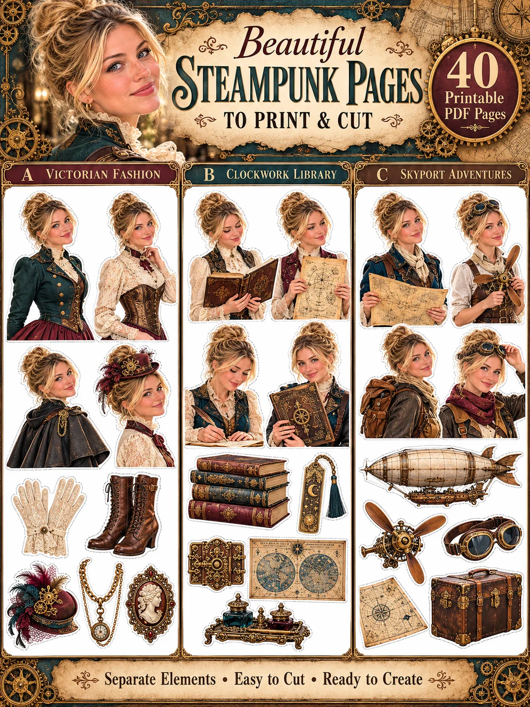 Personalized Steampunk Ephemera for Junk Journals: 40 Printable PDF Pages of Victorian Clockwork Portraits, Brass Gadgets and Mechanical Wonders for Scrapbooking and Mixed Media product image (4)