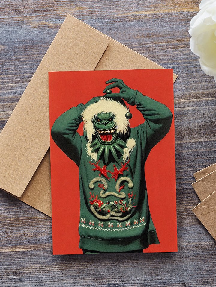 Retro Swamp Creature Ugly Sweater Christmas Cards Pack of 10 • 5×7 product image (2)