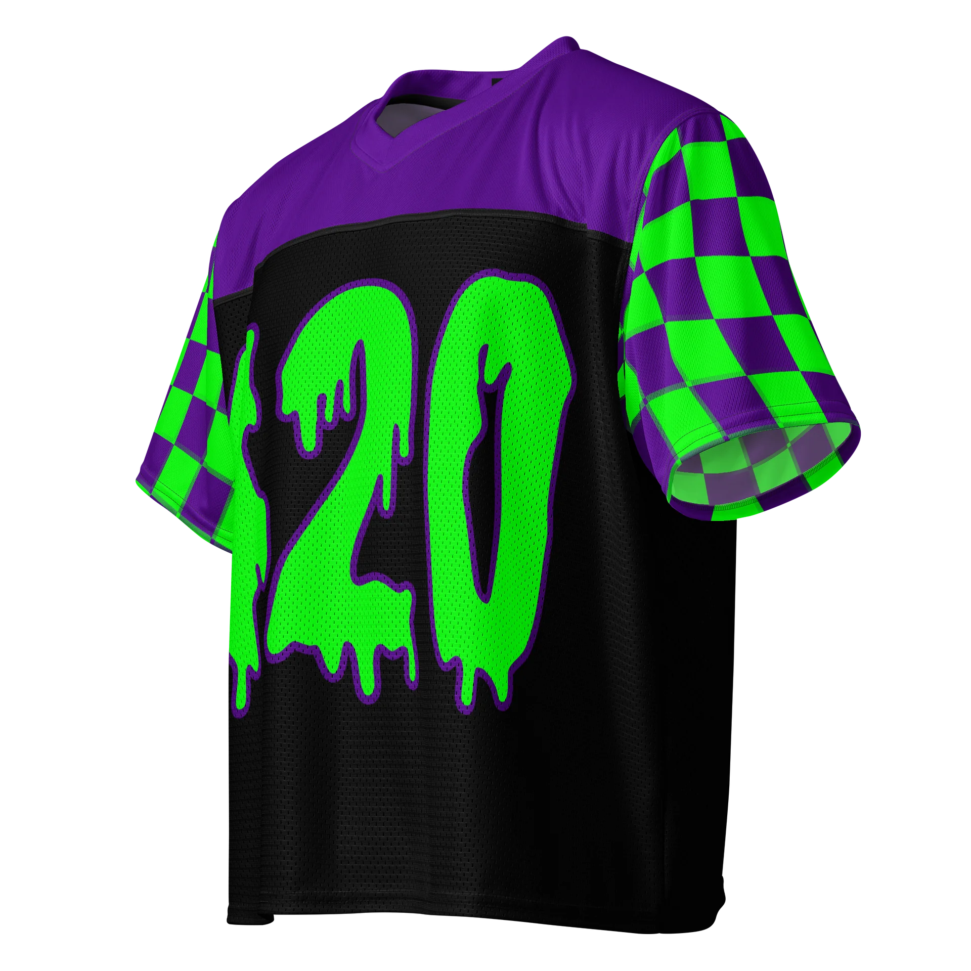 420 Rave Boxy Football Jersey, Twisted Cannabis Top, EDM Stoner Shirt, Weed Music Festival Fashion, Black Purple Neon Green Checkers Clothes product image (2)