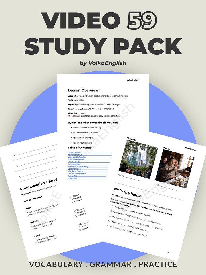 Think in English for Beginners | Easy Listening Practice – Video 59 Study Pack product image (1)