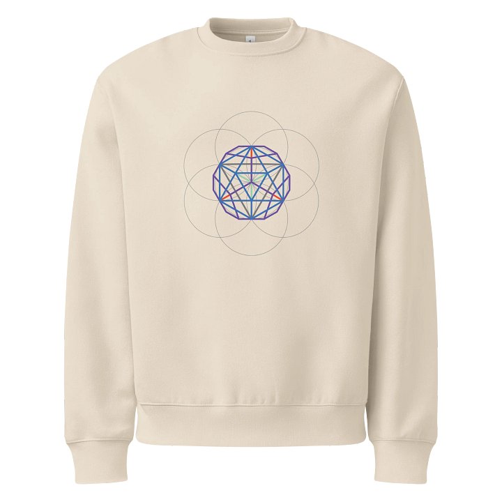 Off-White Sweater – 5 Colorful Platonic Solids & Flower of Life (Centered Front Design) product image (1)