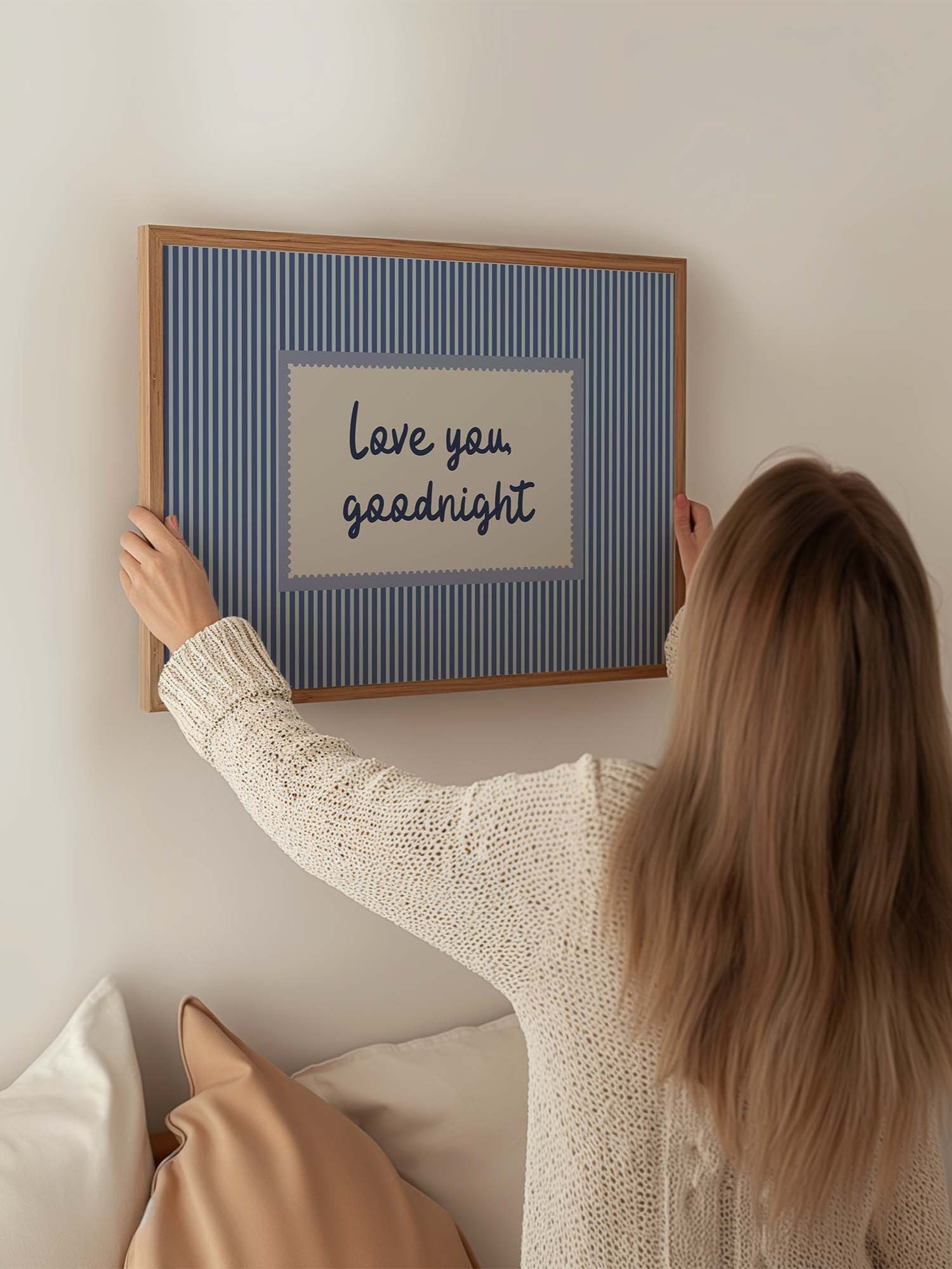 Love You Goodnight Wall Art, Blue Striped Typography Poster, Romantic Bedroom Decor, Horizontal Printable Download product image (6)