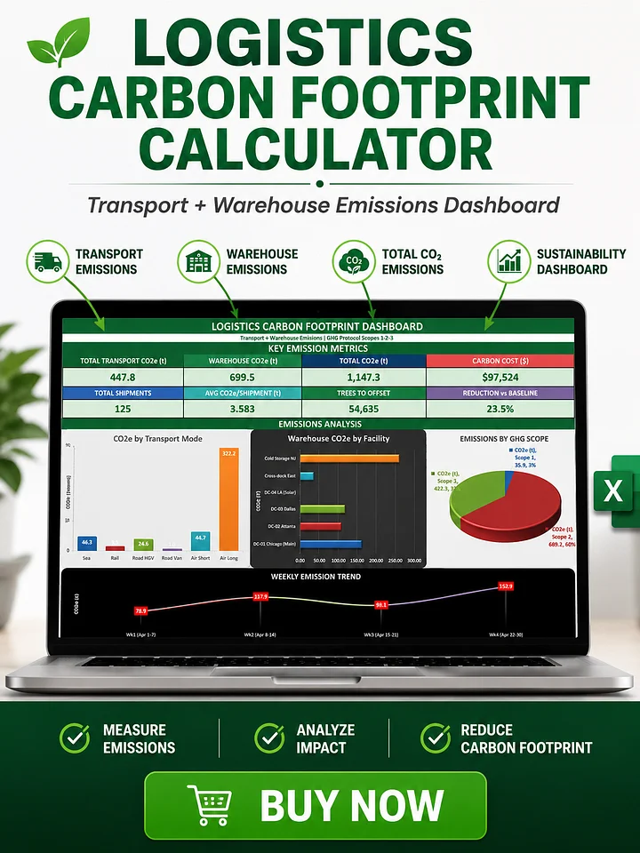 Logistics Carbon Footprint Calculator Excel Template | Transport & Warehouse CO₂ Emissions Dashboard | ESG & Sustainability Reporting Tool product image (1)